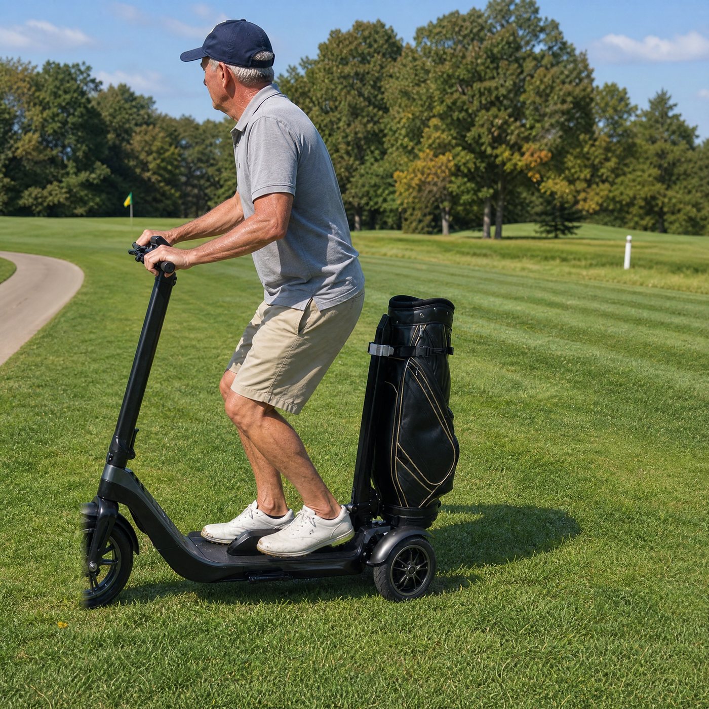 A golfer riding the Birdie Glide along a fairway with his bag mounted on the back
