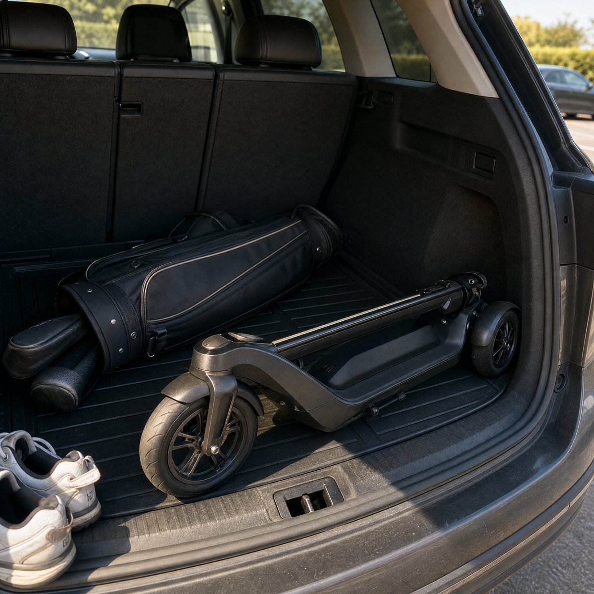 Birdie Glide folded flat in a car boot next to a golf bag